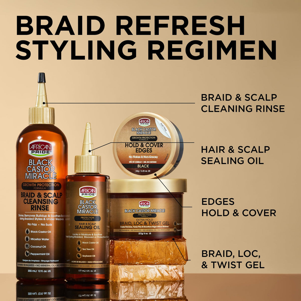 African Pride Black Castor Miracle Extra Hold Braid Gel application on hair
