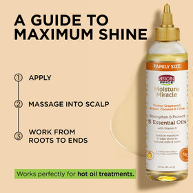 African Pride Moisture Miracle oils displayed with natural ingredients