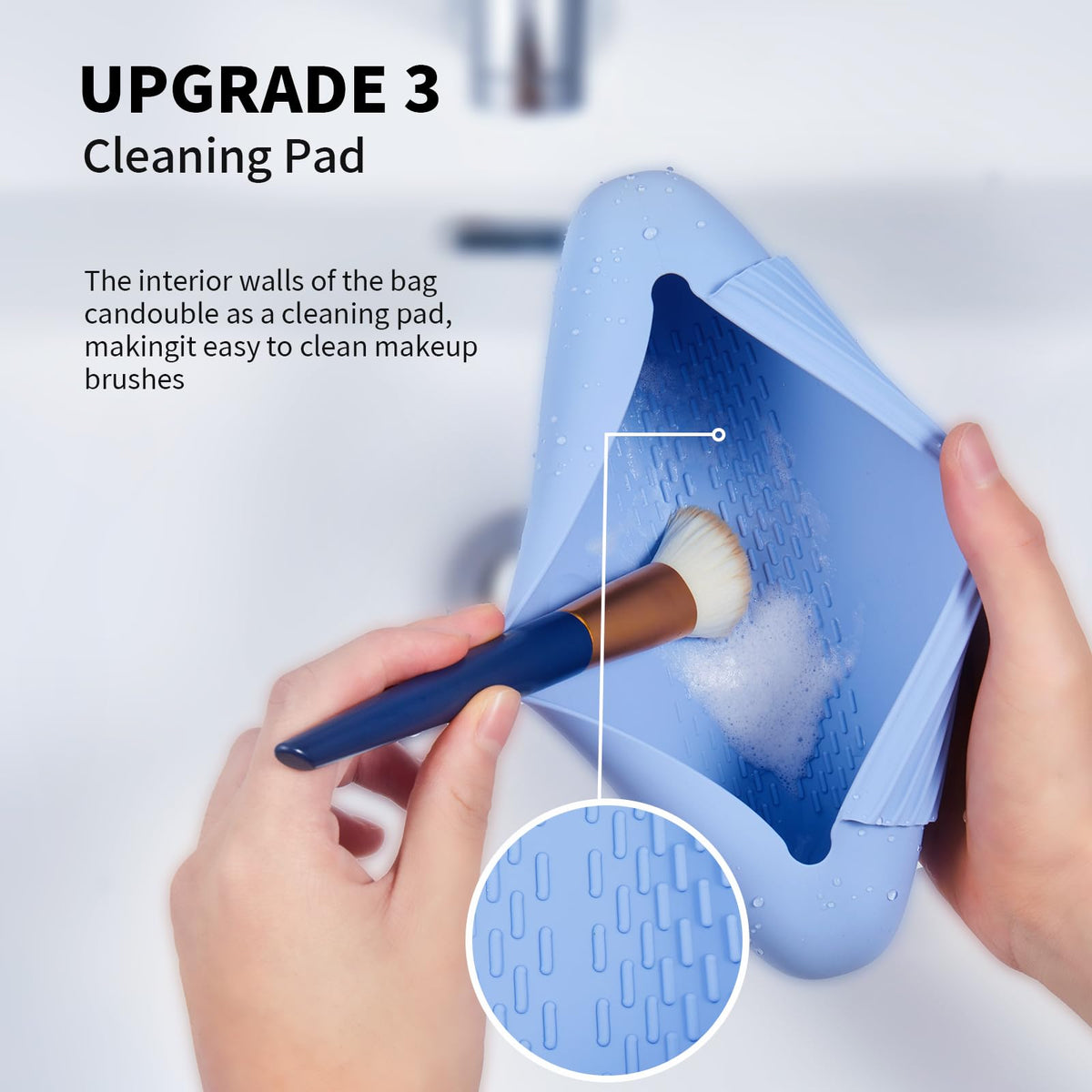 AGIKET Soft Silicone Makeup Brush Holder in blue color on a vanity