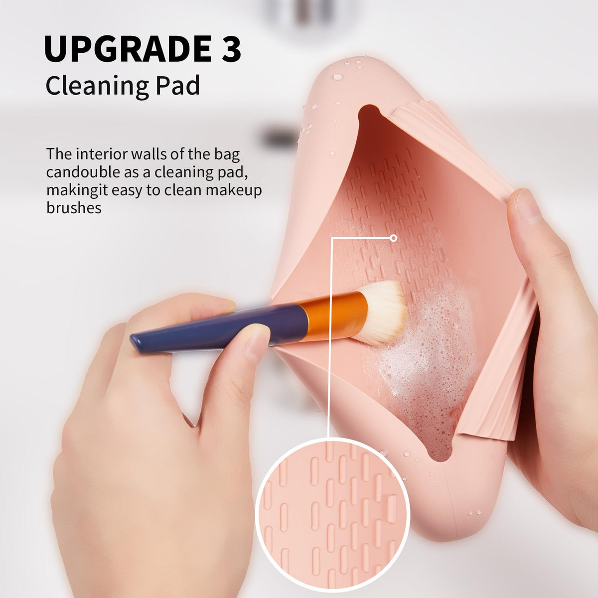 AGIKET Soft Silicone Makeup Brush Holder in blue on a vanity