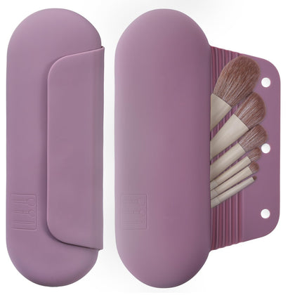 AGIKET Soft Silicone Makeup Brush Holder in pink with brushes inside