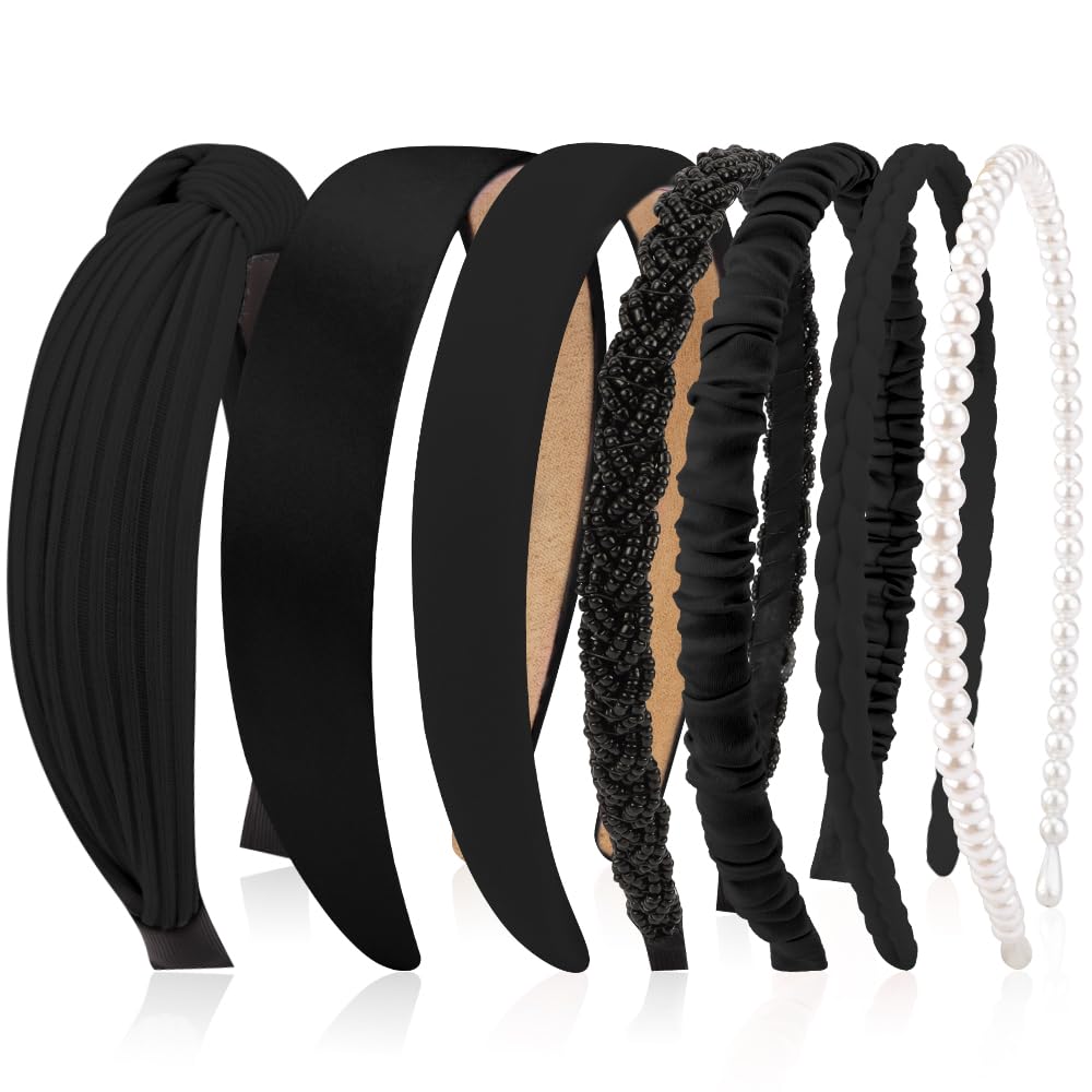 AHONEY 7 Pack Black Headbands assorted styles front view