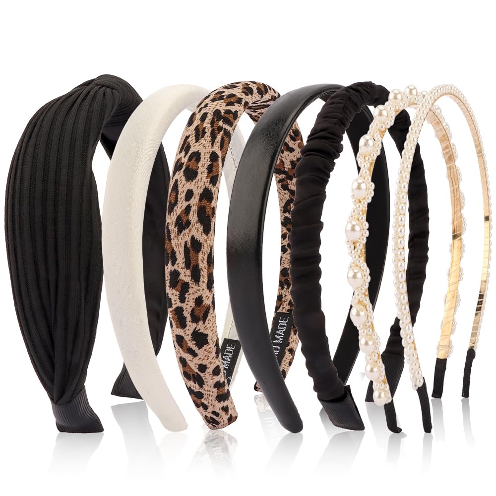 AHONEY 7 Pack Black Headbands assorted styles including cheetah print