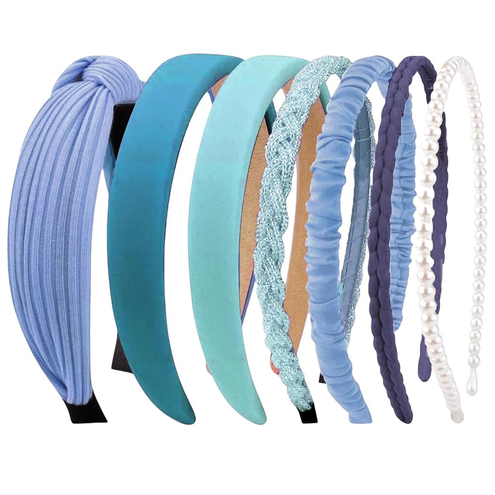 AHONEY 7 Pack Blue Headbands assorted styles front view