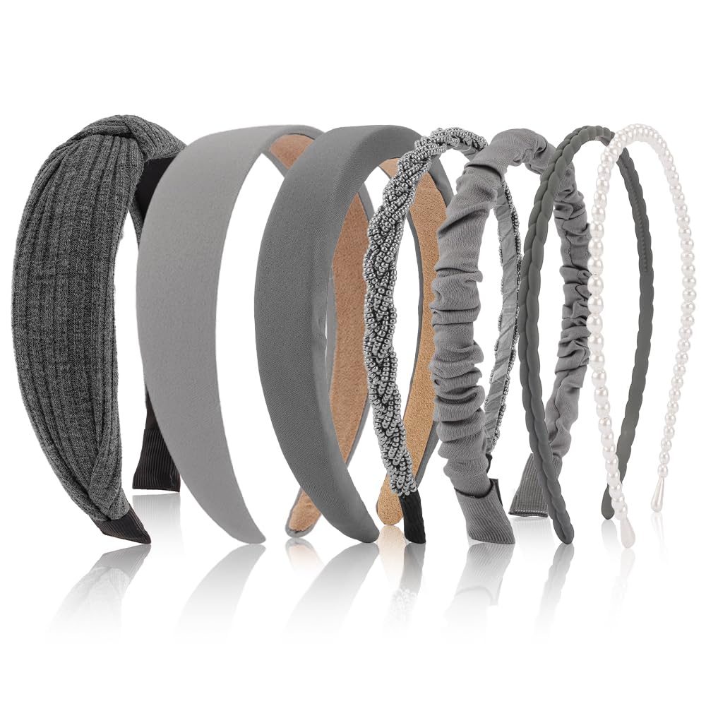 AHONEY 7 Pack Grey Silver Headbands front view with various styles