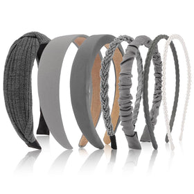 AHONEY 7 Pack Grey Silver Headbands front view with various styles