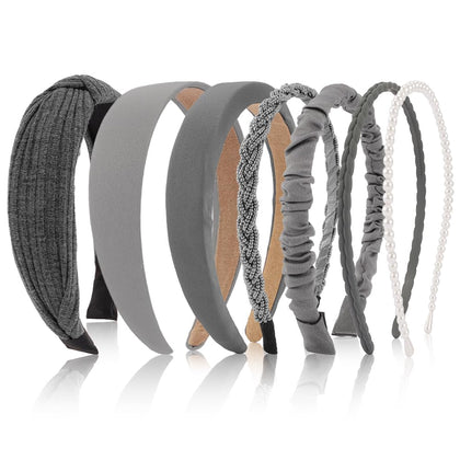 AHONEY 7 Pack Grey Silver Headbands front view with various styles