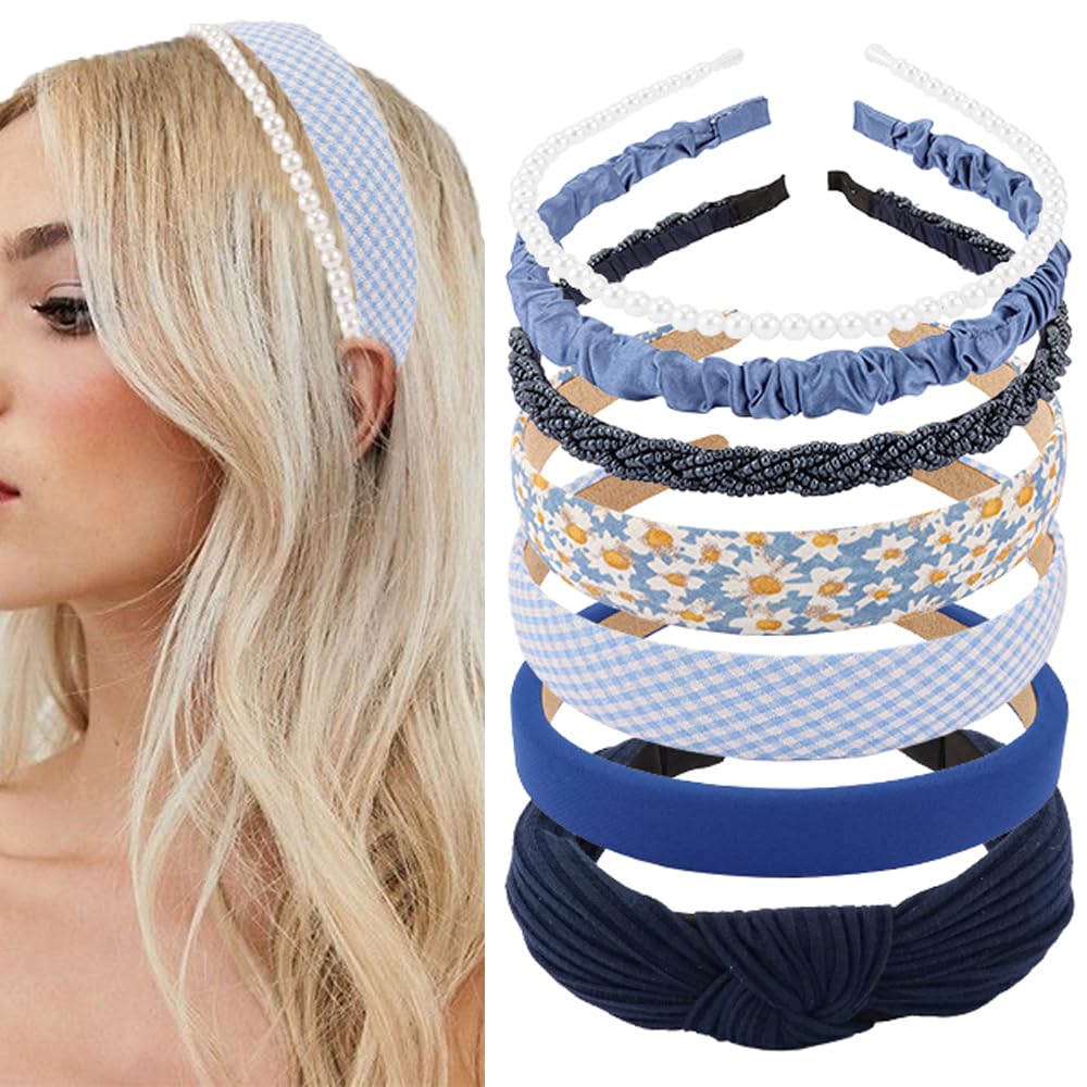 AHONEY 7 pack navy blue headbands assorted styles front view