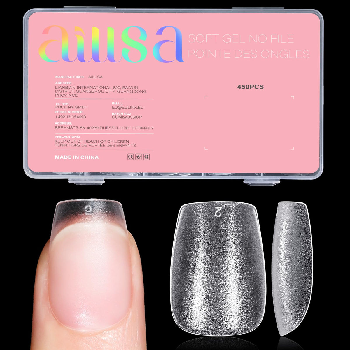 AILLSA Extra Short Coffin Nail Tips clear design front view