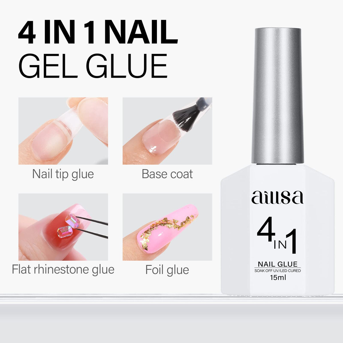 AILLSA nail glue bottle showing crystal-clear formula