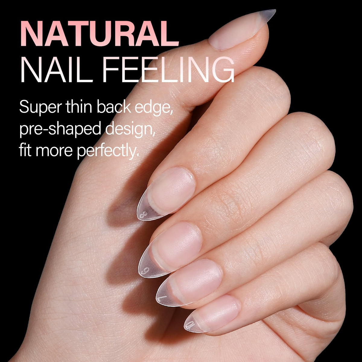 AILLSA Short Almond Nail Tips various sizes displayed