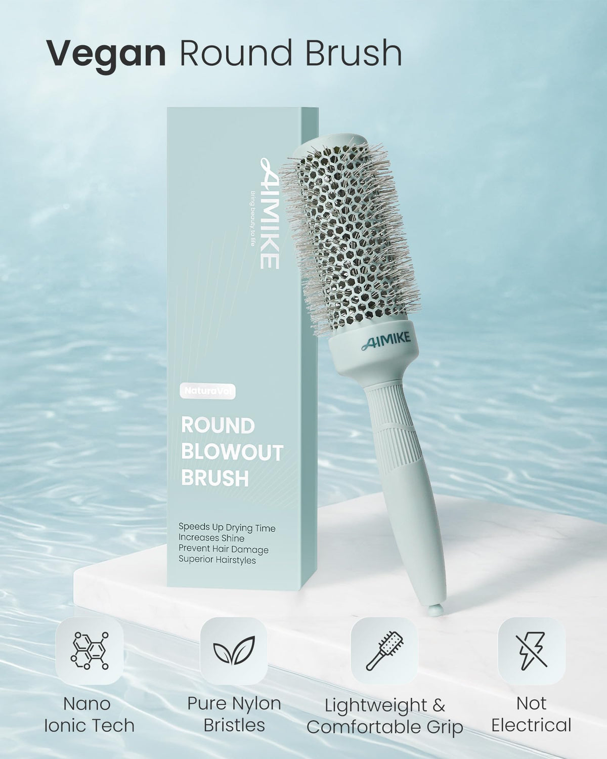 AIMIKE NaturaVol Round Brush with built-in sectioning pin and hair clips