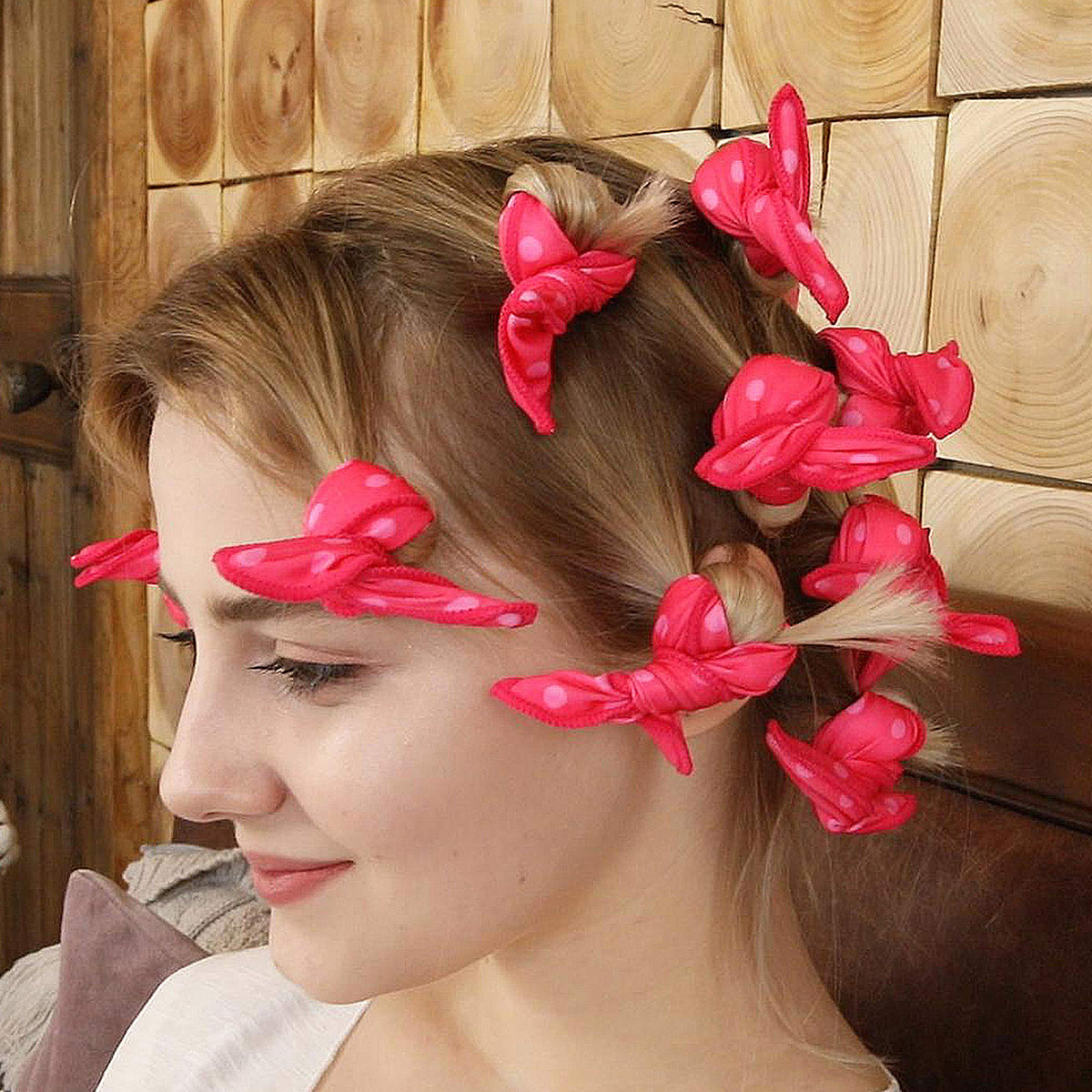 Aimin Hair Soft Satin Sponge Overnight Curlers pink rolled up