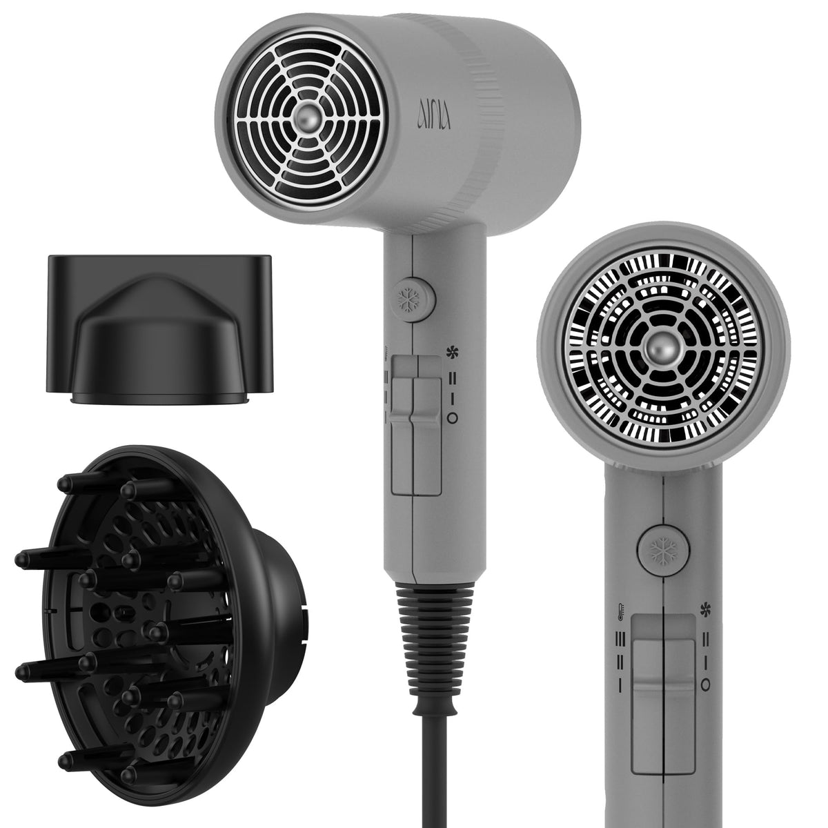 Aina Diffuser Hair Dryer front view in Ash Grey