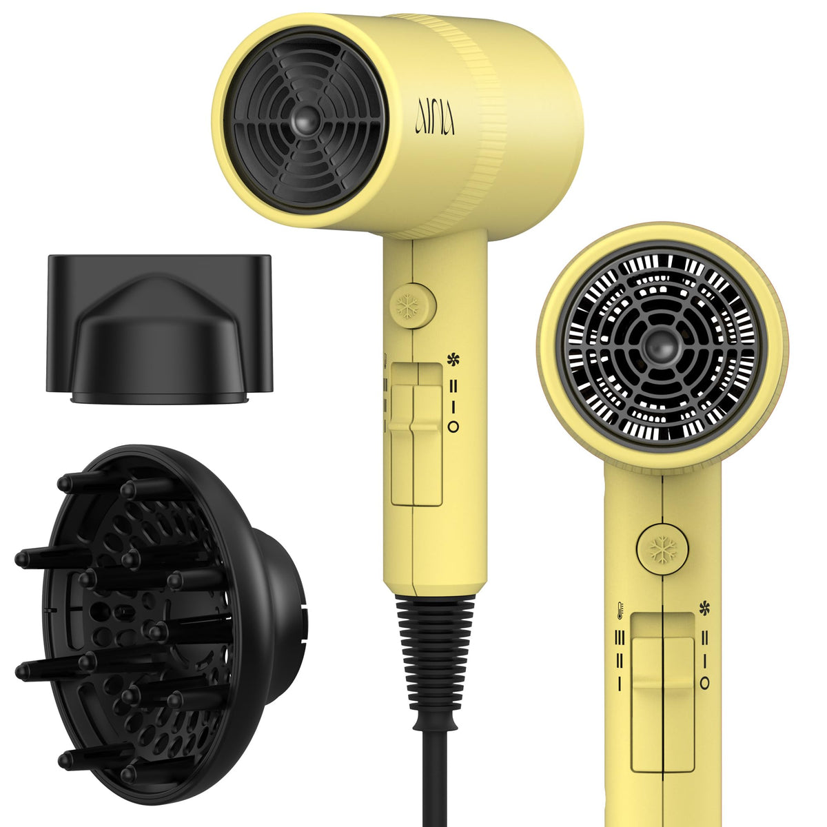 Aina Diffuser Hair Dryer front view in Zest Yellow