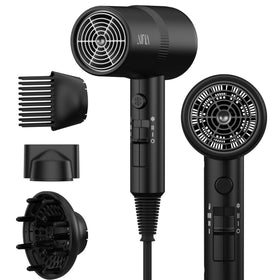 Aina Hair Dryer black model front view with diffuser attachment