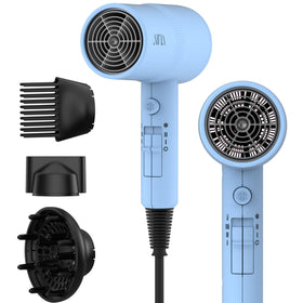 Aina Hair Dryer blue model front view with diffuser attachment