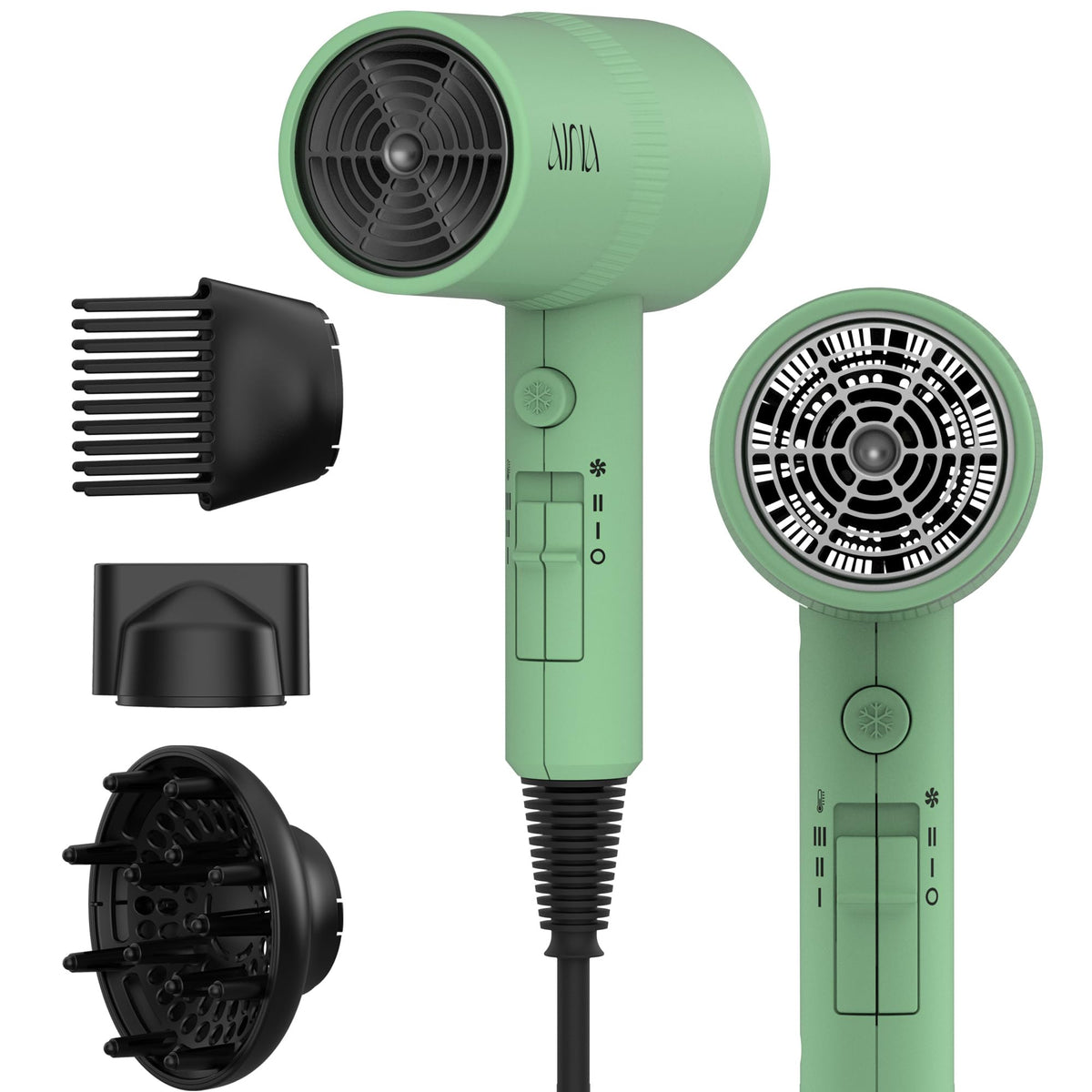 Aina Hair Dryer front view in green with diffuser attachment