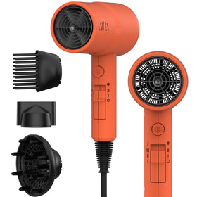 Aina Hair Dryer front view in orange with diffuser attachment