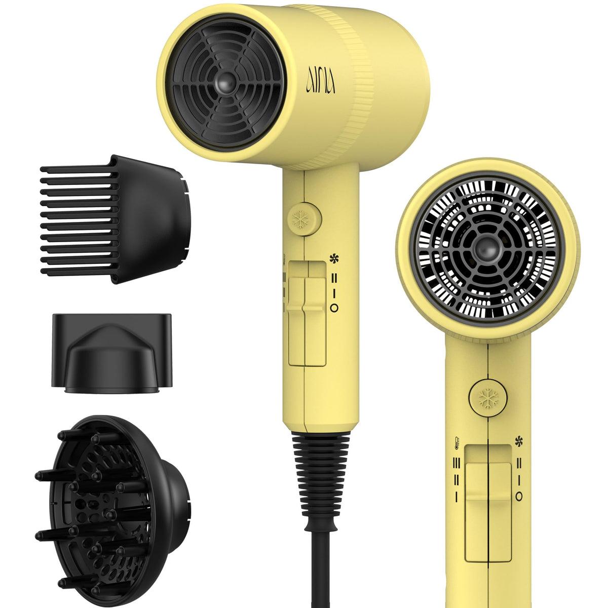 Aina Hair Dryer front view in yellow with diffuser attachment