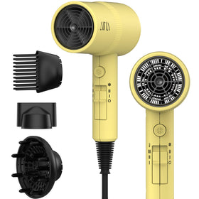 Aina Hair Dryer front view in yellow with diffuser attachment