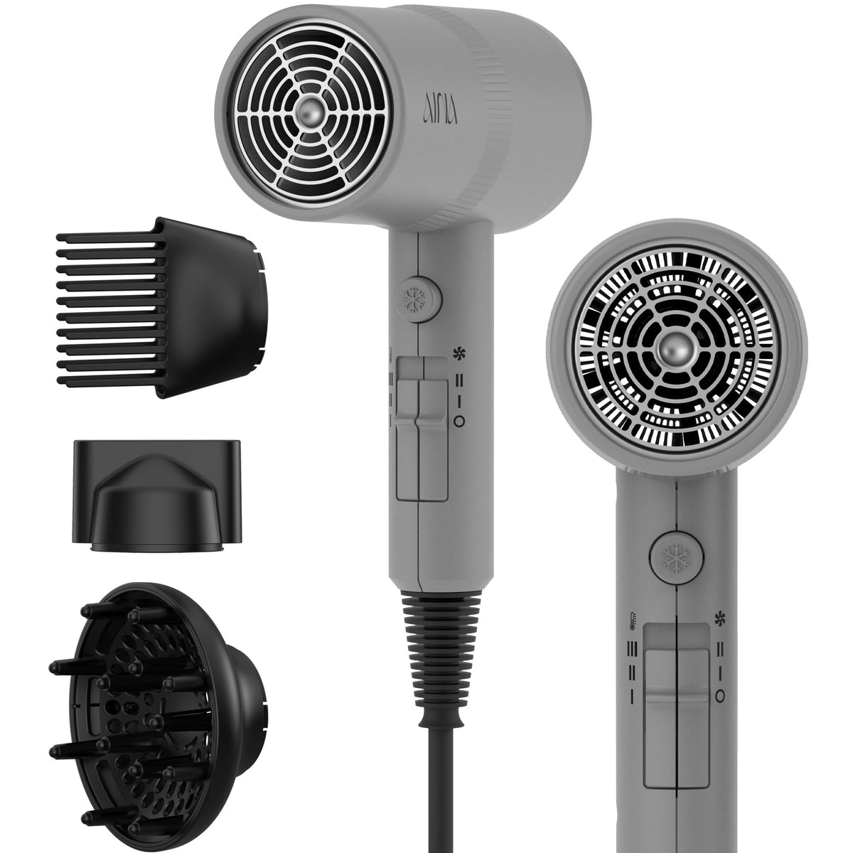 Aina Hair Dryer grey model front view with diffuser attachment