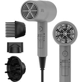 Aina Hair Dryer grey model front view with diffuser attachment