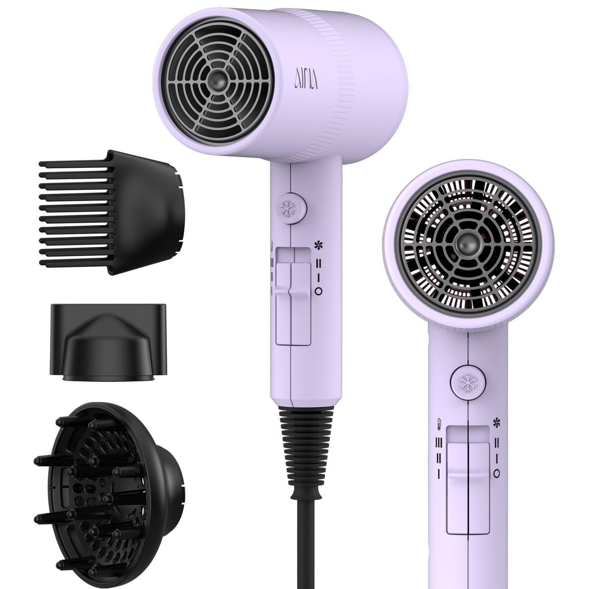 Aina Hair Dryer purple model front view with diffuser and comb