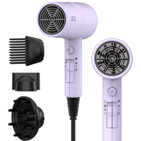 Aina Hair Dryer purple model front view with diffuser and comb