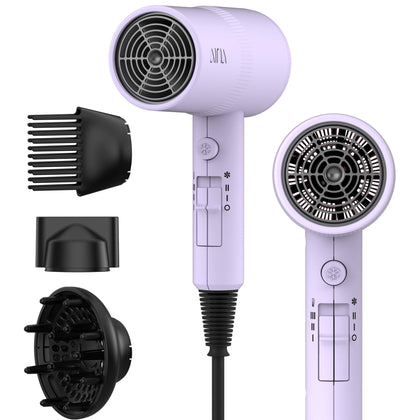 Aina Hair Dryer purple model front view with diffuser and comb
