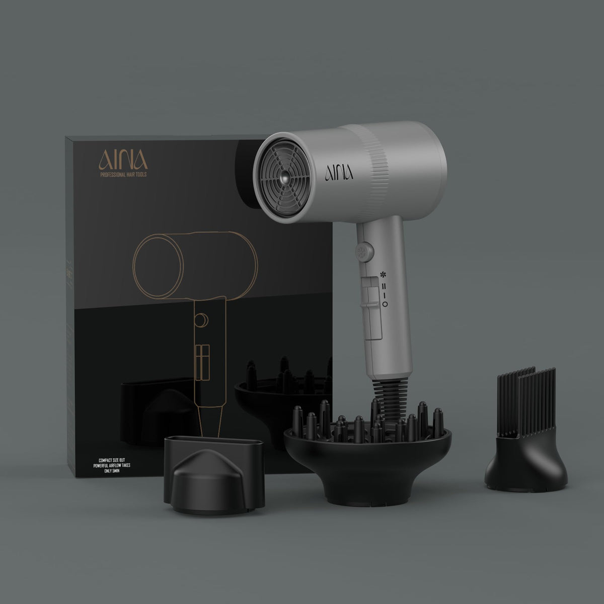Aina Hair Dryer with accessories laid out including diffuser and comb