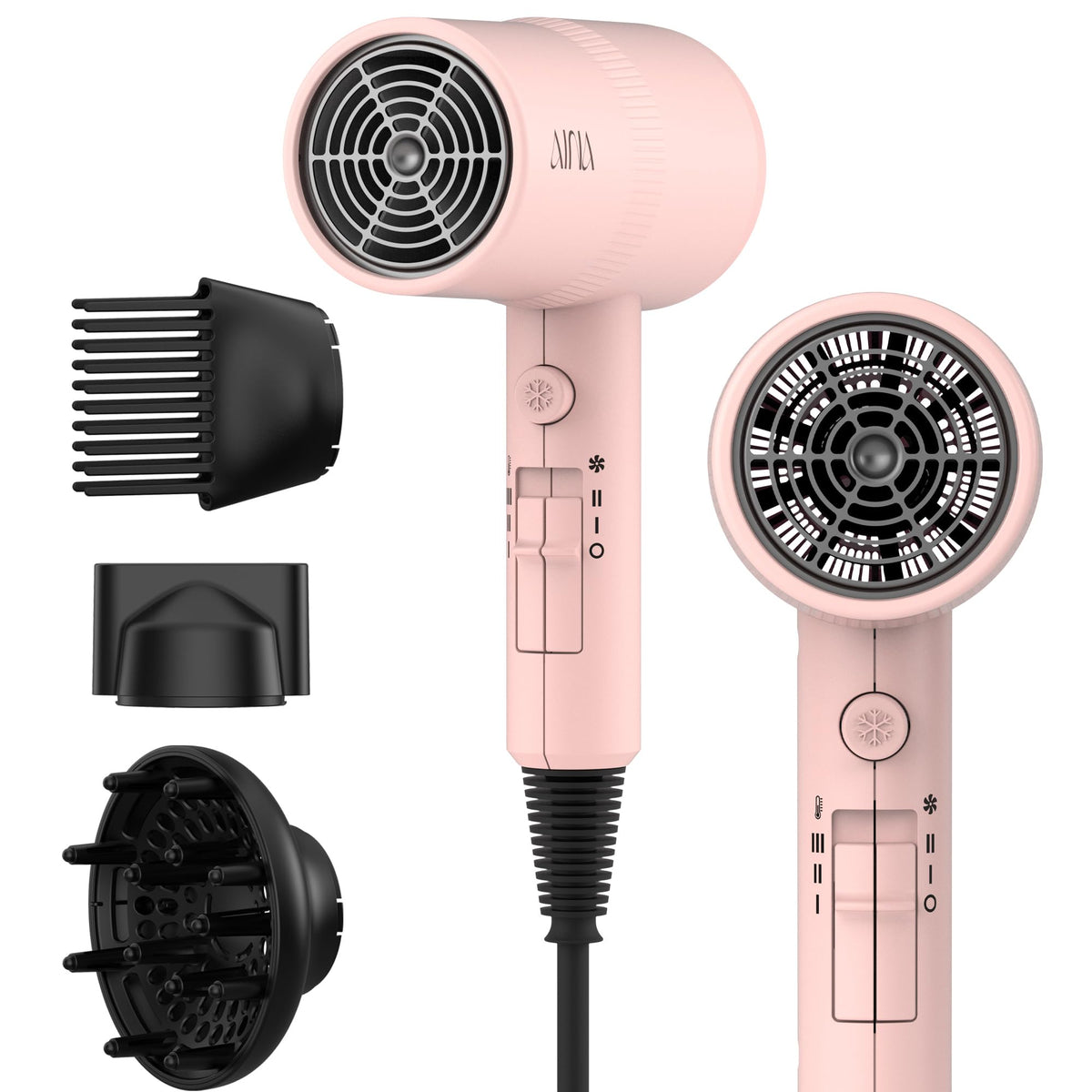 Aina Hair Dryer with Diffuser and Comb, Pink front view