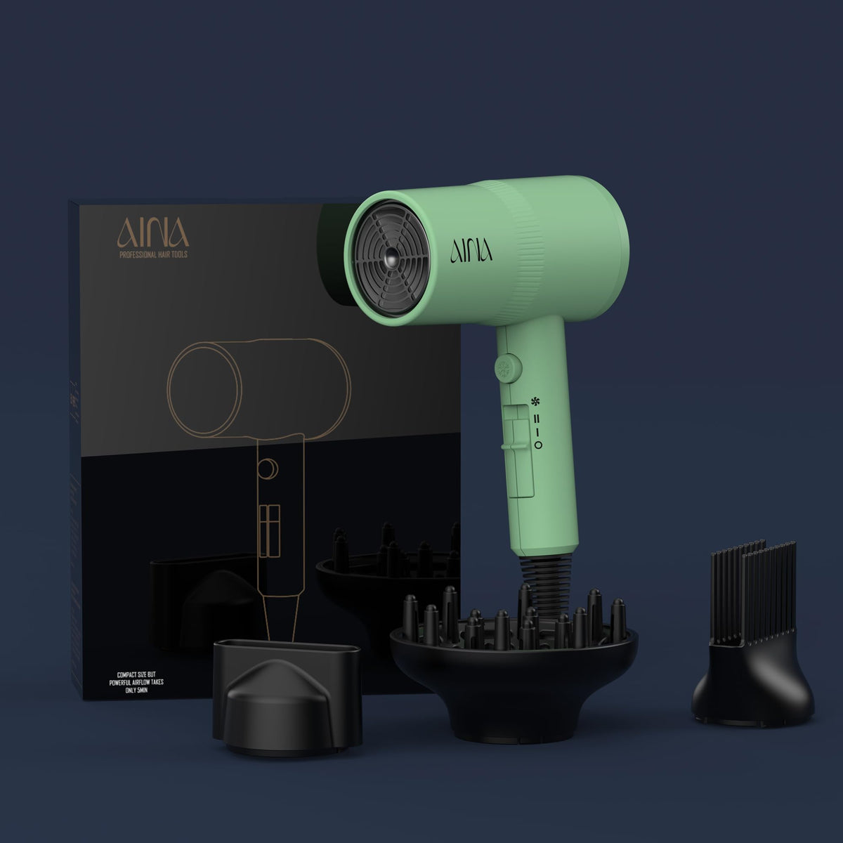 Aina Hair Dryer with diffuser in use on hair