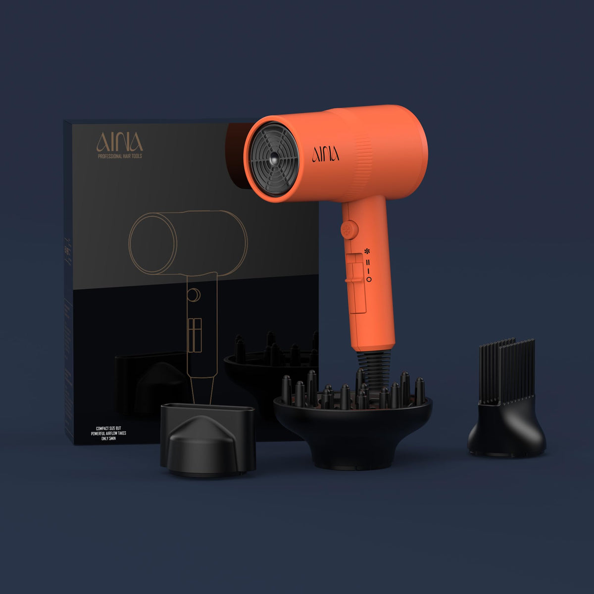 Aina Hair Dryer with volumizing diffuser in use