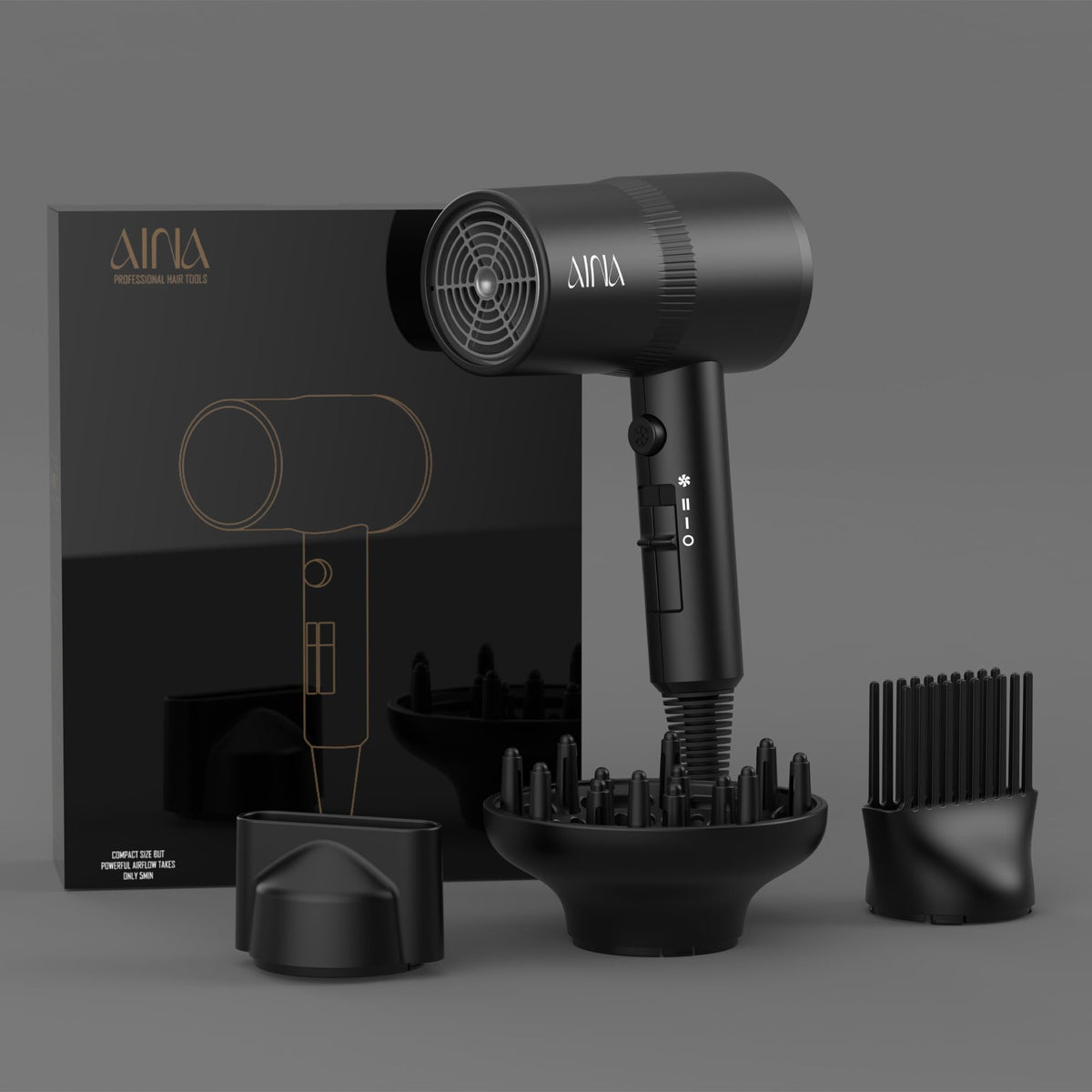 Aina Hair Dryer with volumizing finger diffuser attached