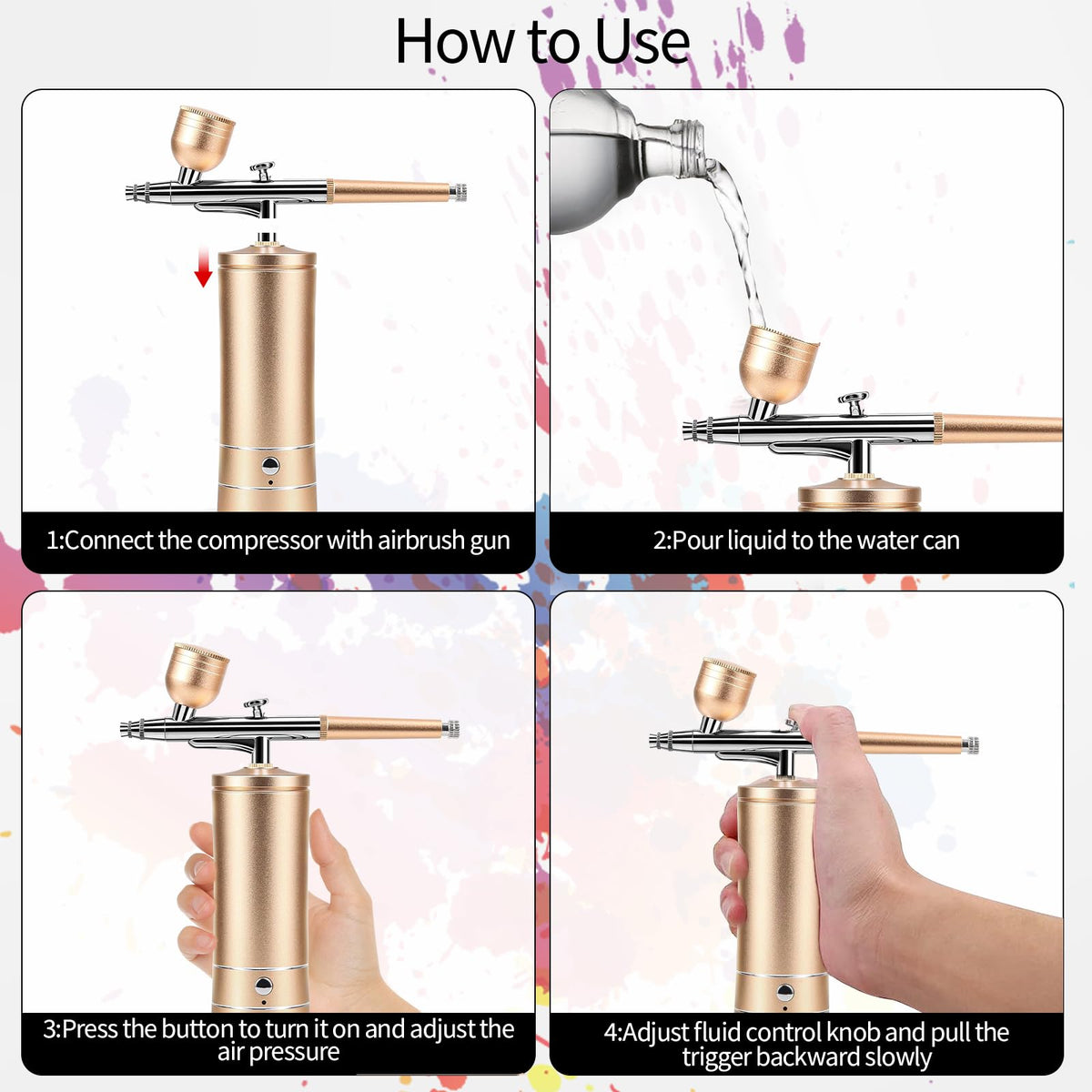Airbrush kit components including cleaning brushes
