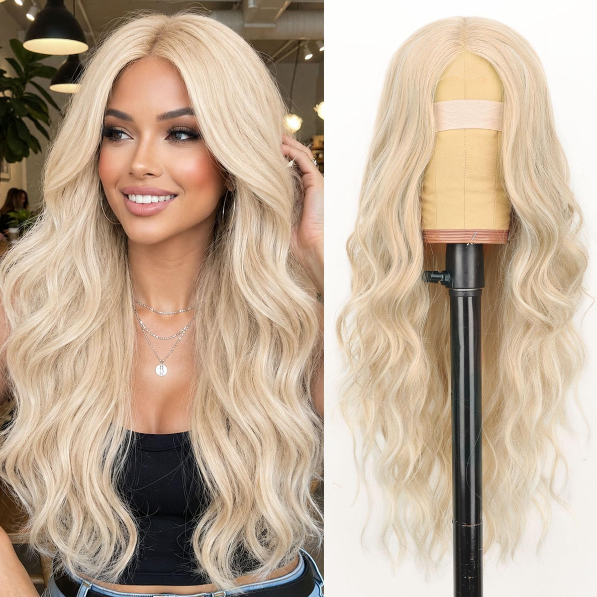 AISI HAIR 26 Inch blonde highlight wig front view