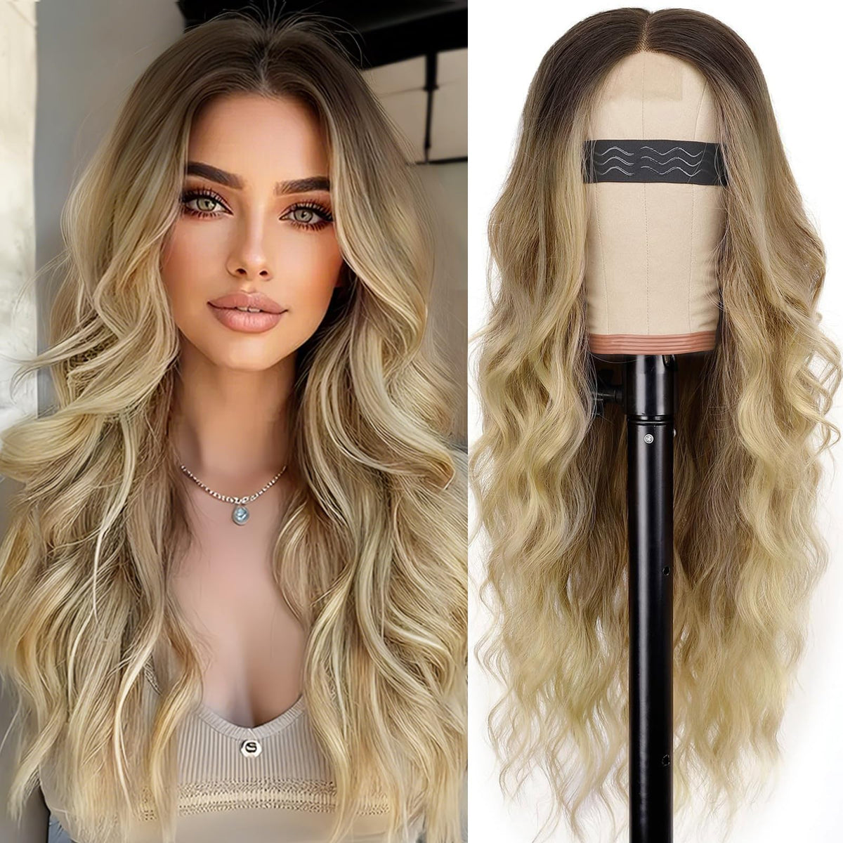 AISI HAIR 26 Inch blonde wig front view with wavy texture