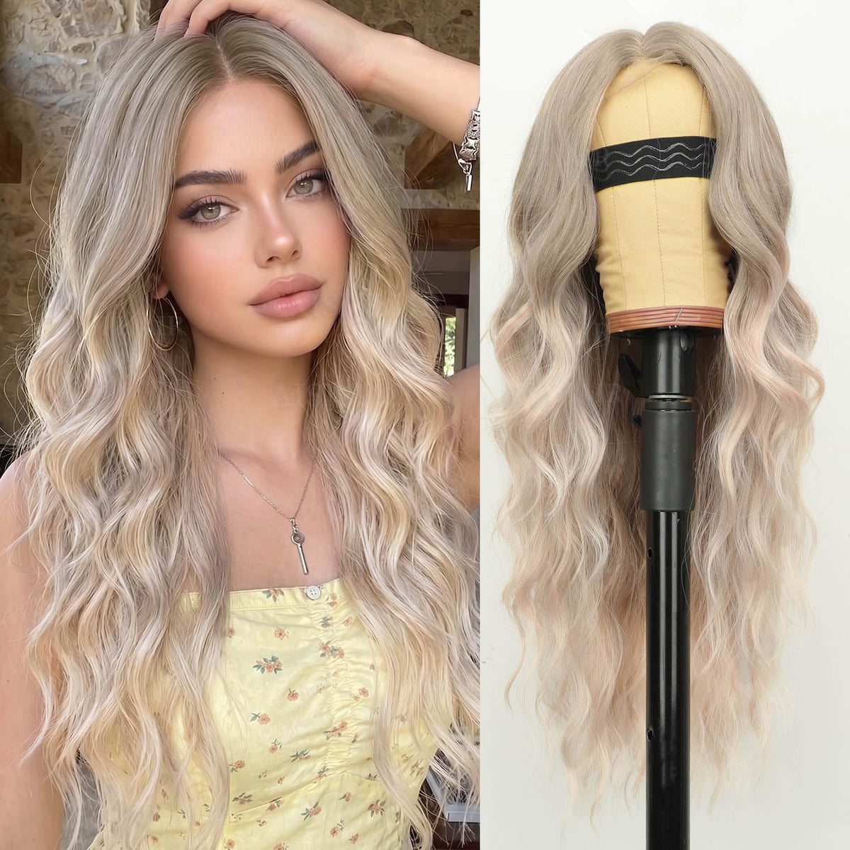AISI HAIR Ash Blonde Wig front view showcasing long wavy style