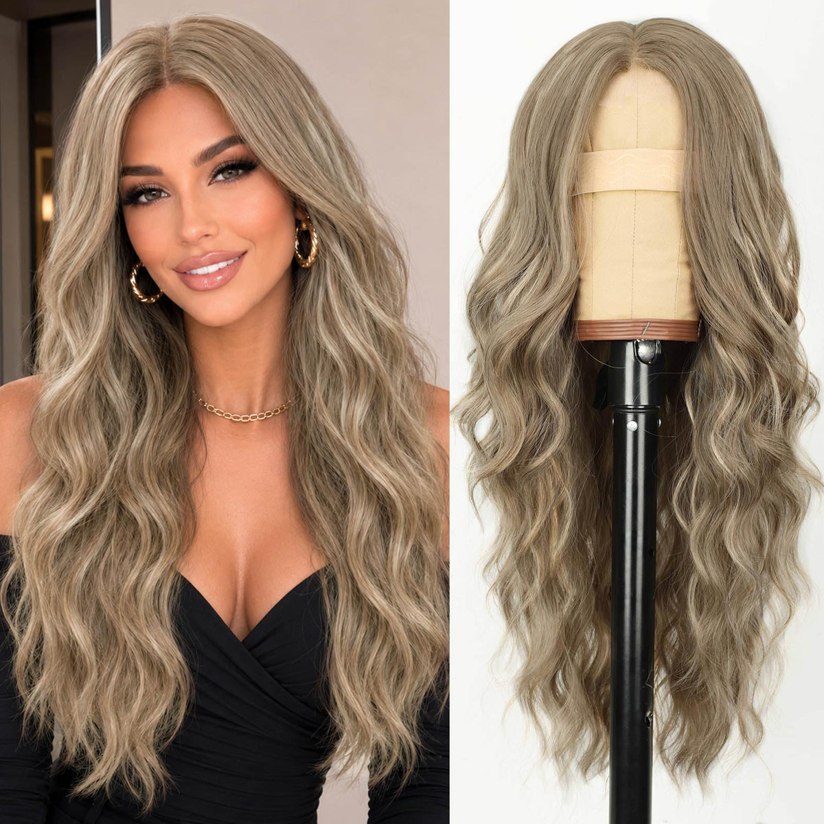 AISI HAIR Ash Blonde Wig front view with long wavy texture