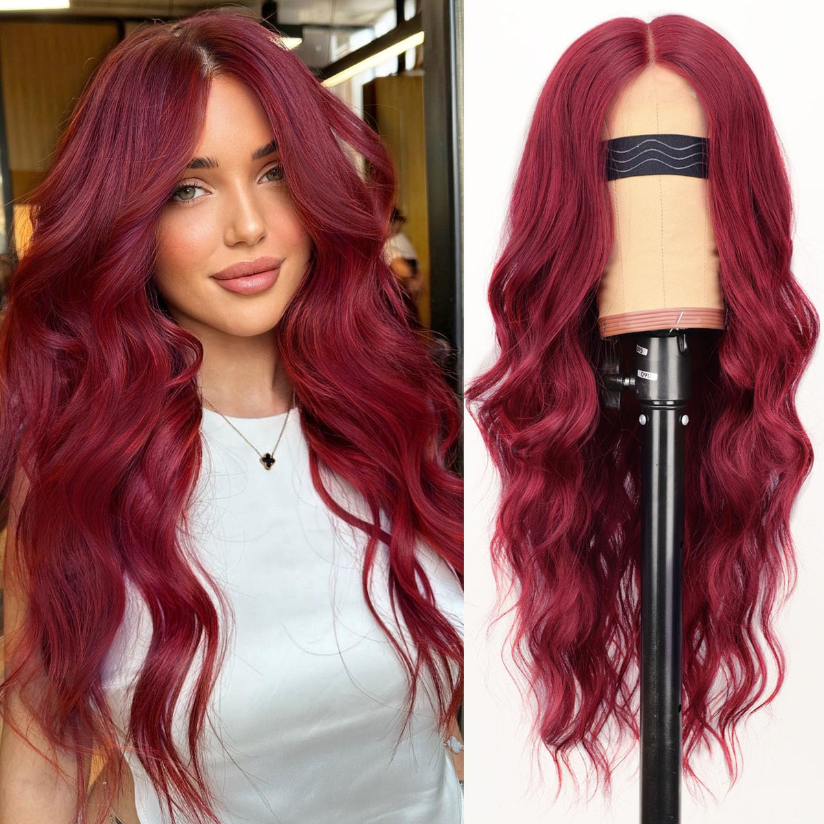 AISI HAIR Bright Red Wig front view showcasing long wavy style