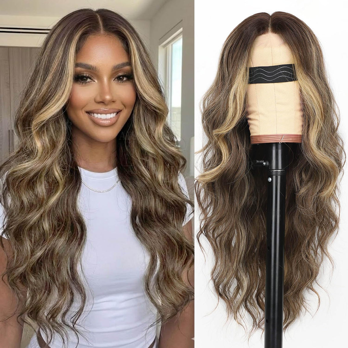 AISI HAIR Brown Balayage Wig front view showing wavy texture