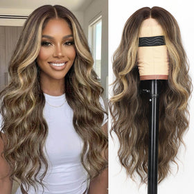 AISI HAIR Brown Balayage Wig front view showing wavy texture