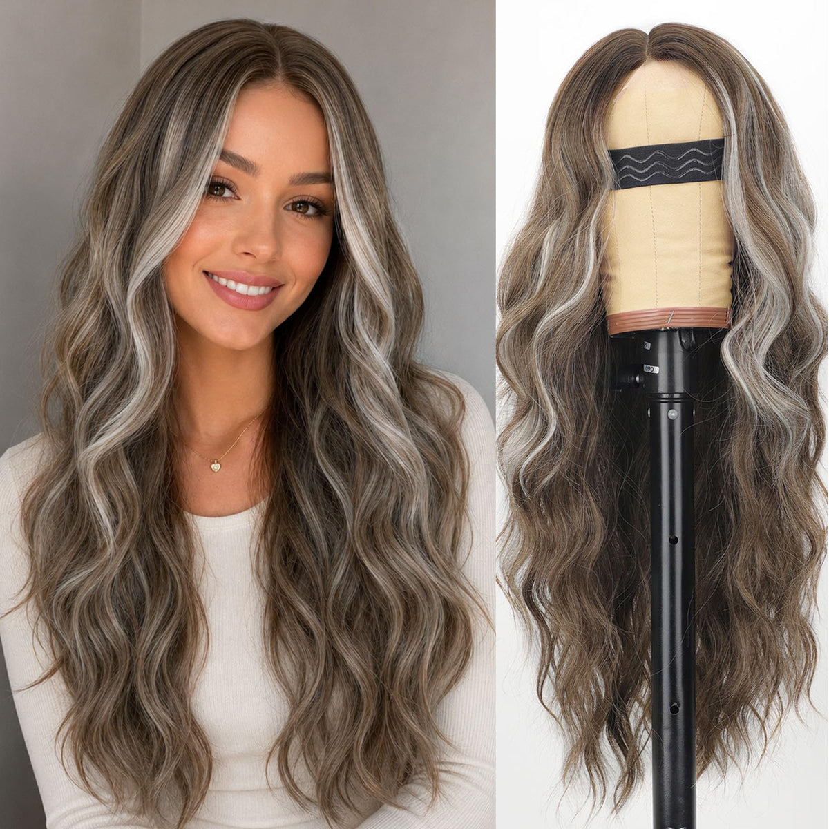 AISI HAIR Brown Highlight Wig 26 Inch front view