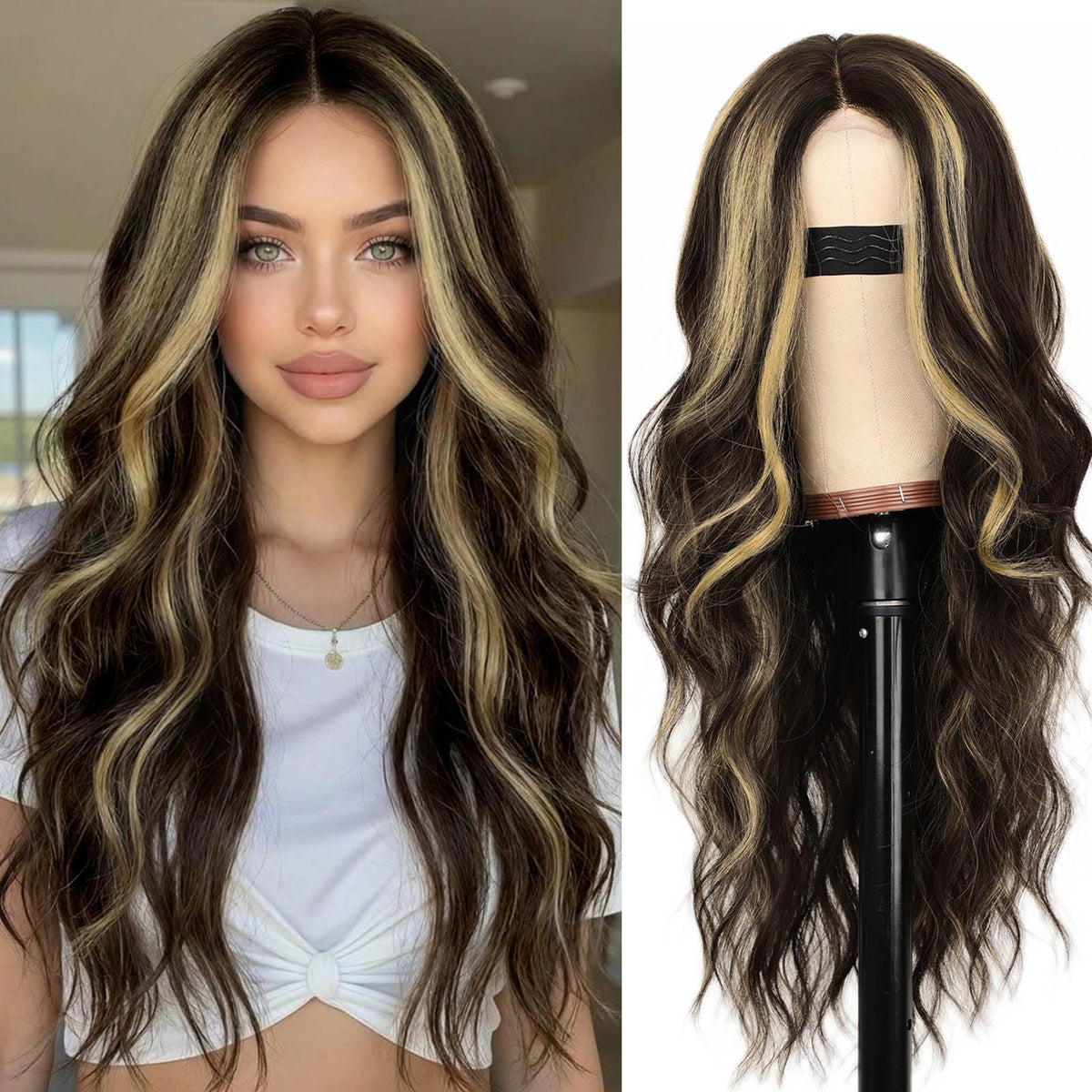 AISI HAIR Brown Highlight Wig front view showcasing wavy texture