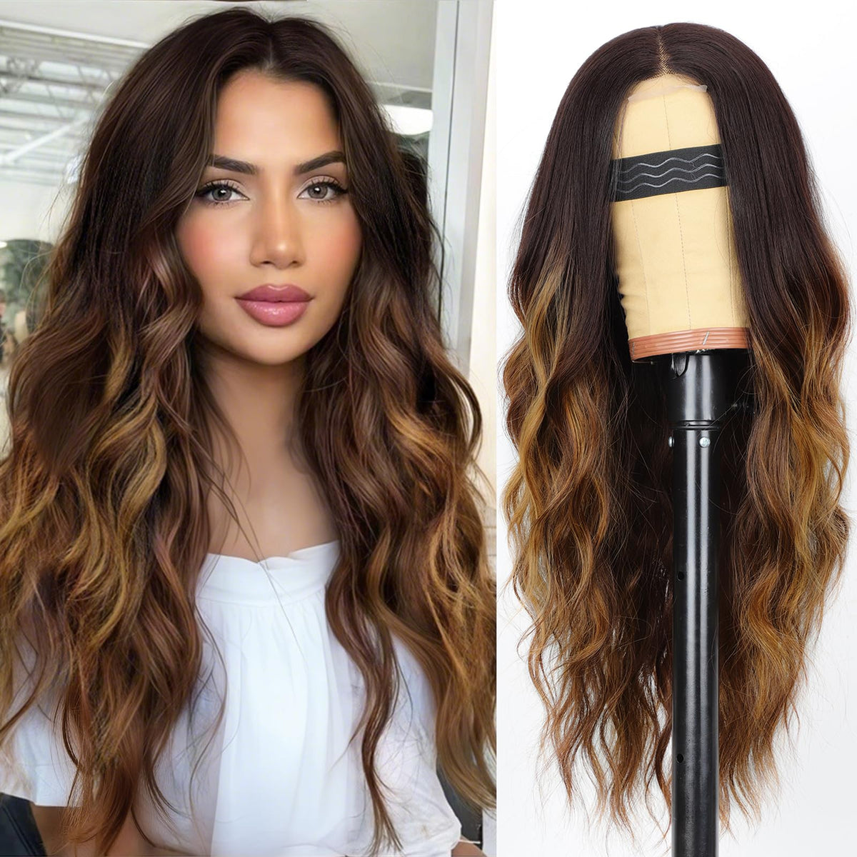AISI HAIR Brown Highlight Wig front view with wavy texture