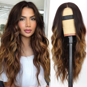 AISI HAIR Brown Highlight Wig front view with wavy texture