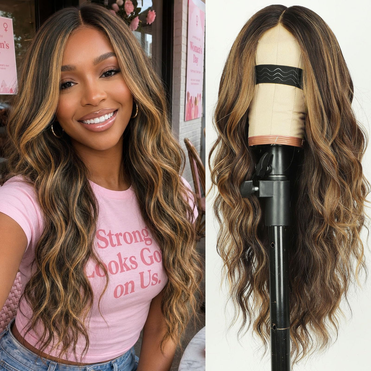 AISI HAIR Brown Highlights Wig 26 inch front view