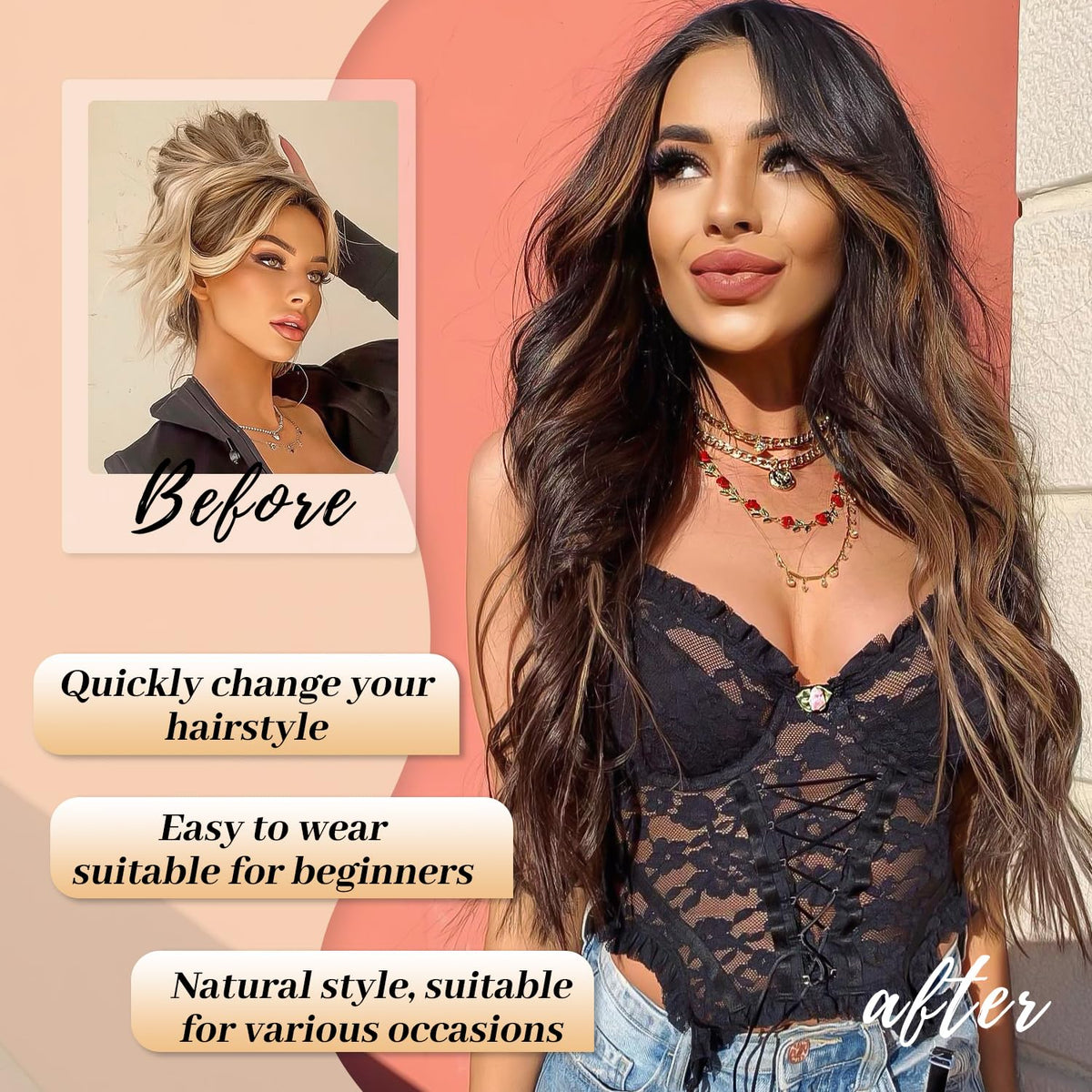 AISI HAIR Brown Highlights Wig displayed with adjustment straps