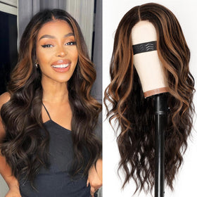 AISI HAIR Brown Highlights Wig front view with wavy style